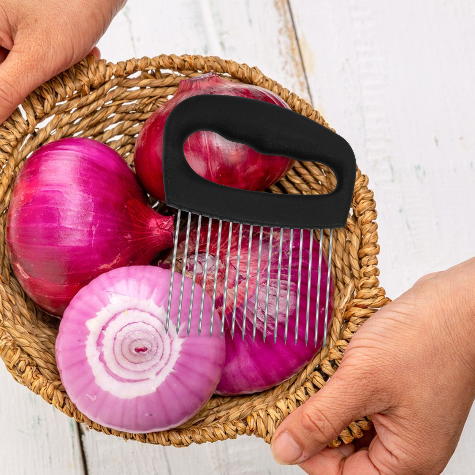 Avocado Slicer Tool - ステンレス製の野菜・果物スライサー用、玉ねぎを切るためのホルダー。玉ねぎ、トマト、アボカド、ジャガイモなどの調理に便利なキッチンツール。