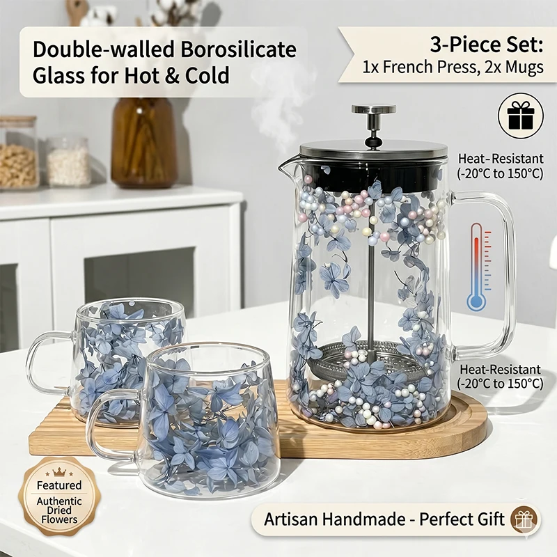 French Press Coffee Maker - 二重壁断熱フレンチプレスコーヒーメーカー 650/1000ML 耐熱性 保温性 コーヒー ドライフラワー用