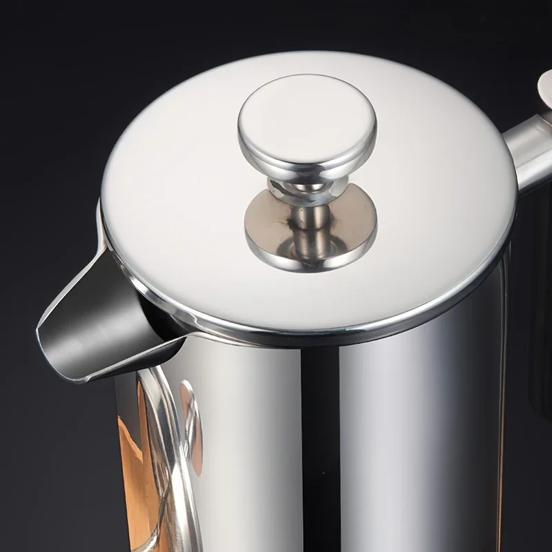 French Press Coffee Maker - エレガントな350mlステンレス製フレンチプレスコーヒーメーカー - 二重壁構造、保温性あり、木製ハンドルと注ぎ口付き