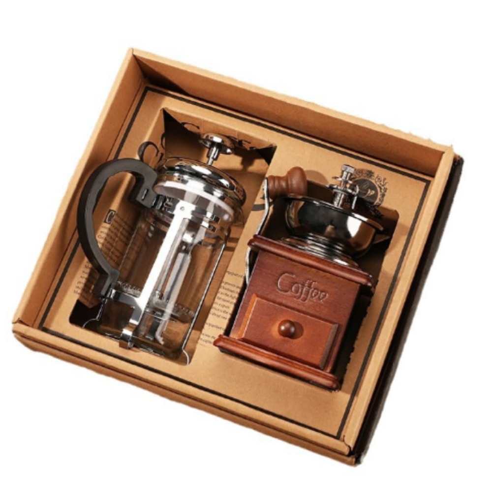 French Press Coffee Maker - コーヒーメーカーセット 手動コーヒーグラインダー フレンチプレスキット ヴィンテージハンドクランクコーヒーセット ホームバリスタブリューワーギフトセット