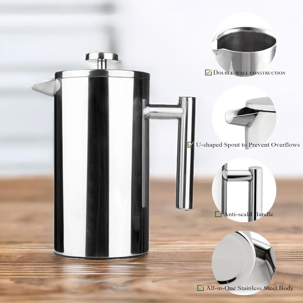 フレンチプレスコーヒーメーカー、304ステンレス鋼二重壁断熱 - French Press Coffee Maker のレビューと価格