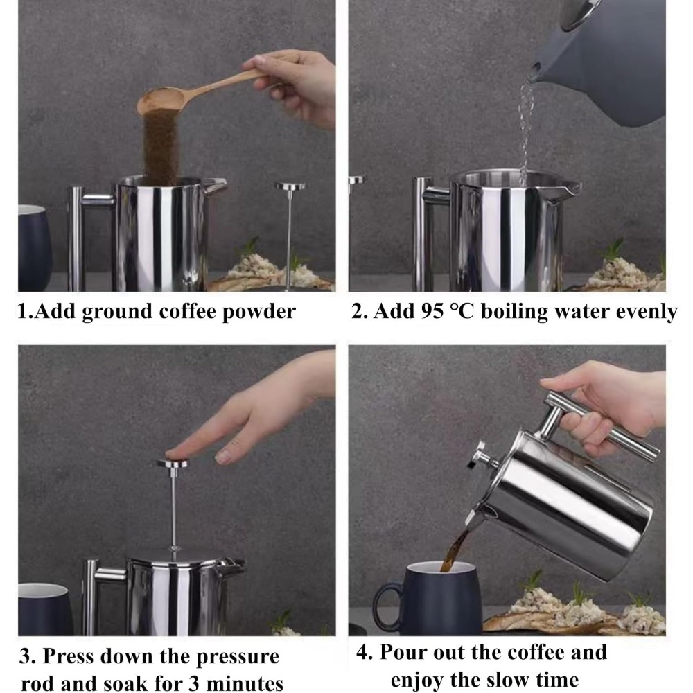 フレンチプレスコーヒーメーカー、304ステンレス鋼二重壁断熱 - French Press Coffee Maker のレビューと価格