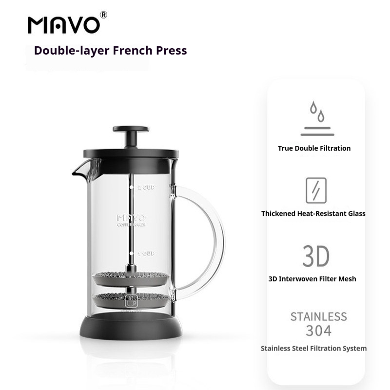 MAVO フレンチプレスコーヒーメーカー ダブルメッシュフィ - French Press Coffee Maker のレビューと価格