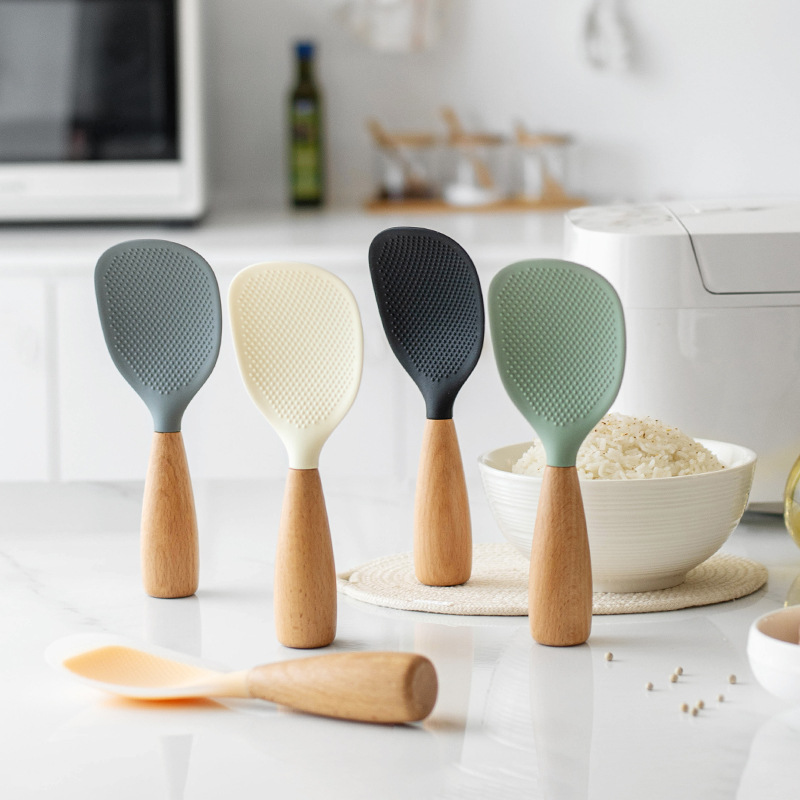 1PC 木製ハンドルシリコンしゃもじ、家庭用炊飯器、しゃもじ - Kitchen Gadgets On Sale のレビューと価格
