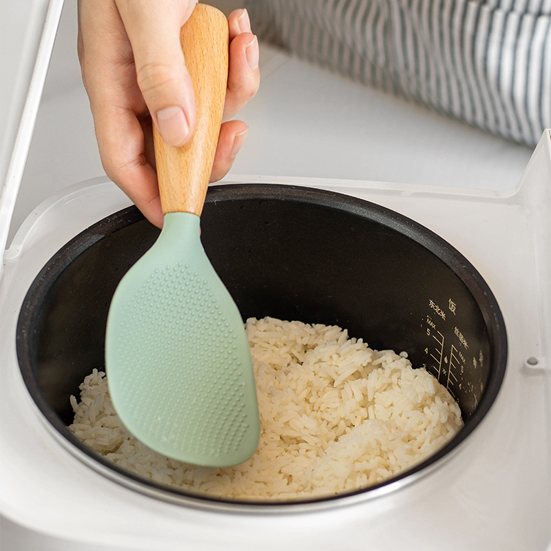 1PC 木製ハンドルシリコンしゃもじ、家庭用炊飯器、しゃもじ - Kitchen Gadgets On Sale のレビューと価格